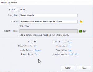 Adobe Captivate Publishing dialog