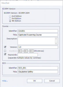 Adobe Captivate Manifest Dialog Box