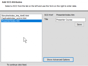 Simple SCORM Packager SCO Attributes screen