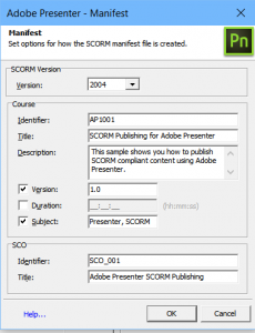 Adobe Presenter manifest settings for SCORM 2004